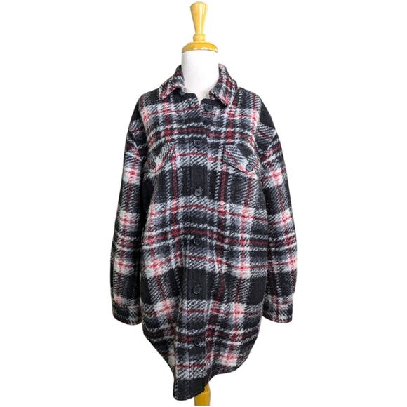 Aritzia Medium Wilfred Free Ganna Shacket Oversized Plaid Wool Blend Black Red - Picture 1 of 14